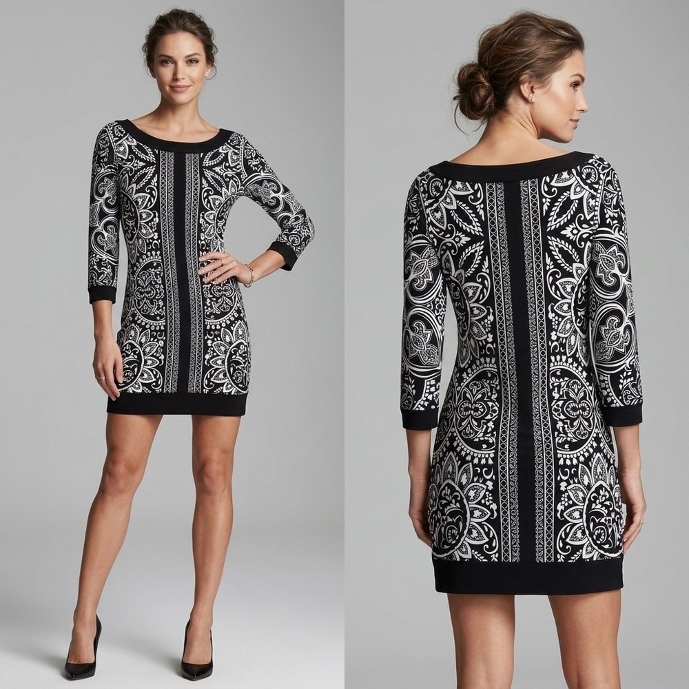 White House Black Market Black White Medallion Paisley Shift Mini Dress XS